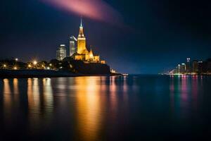 de stad lampor är reflekterad i de vatten på natt. ai-genererad foto