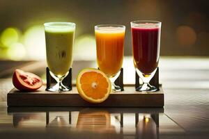 tre annorlunda juicer är på en trä- bricka. ai-genererad foto