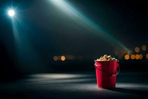 en hink av popcorn på en mörk golv med en strålkastare. ai-genererad foto