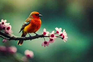 en små orange fågel är Sammanträde på en gren med rosa blommor. ai-genererad foto