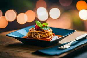 spaghetti med tomat sås och basilika löv på en tallrik. ai-genererad foto