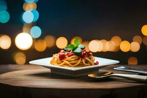 spaghetti med tomat sås och basilika löv på en tallrik. ai-genererad foto