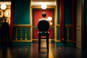 en kvinna Sammanträde på en stol i en rum. ai-genererad foto