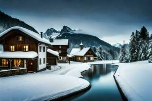 en snöig flod kör genom en snöig berg by. ai-genererad foto