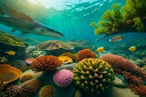 ett under vattnet scen med korall och fisk. ai-genererad foto