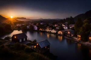 de Sol uppsättningar över en små by förbi de vatten. ai-genererad foto