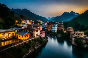 Foto tapet de himmel, berg, flod, hus, solnedgång, Indien, de stad,. ai-genererad