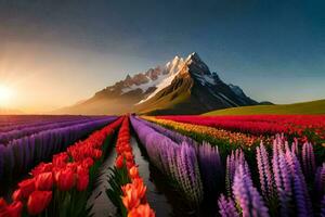 de Sol stiger över en fält av blommor och berg. ai-genererad foto