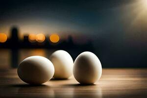 tre ägg på en tabell med en stad i de bakgrund. ai-genererad foto