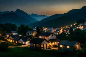 en by på natt med lampor på i de berg. ai-genererad foto