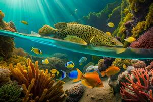 fisk simning i de hav med korall rev och Övrig fisk. ai-genererad foto