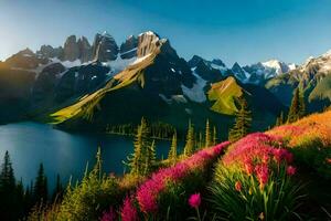 de Sol lyser på de bergen och blommor i de förgrund. ai-genererad foto