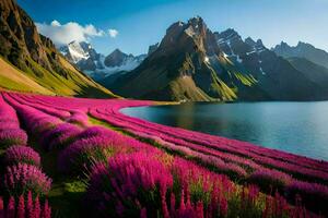 en sjö omgiven förbi lila blommor och berg. ai-genererad foto
