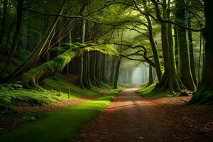 en väg genom en skog med träd och grön gräs. ai-genererad foto