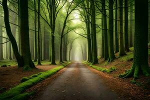 en väg i de mitten av en skog med träd. ai-genererad foto