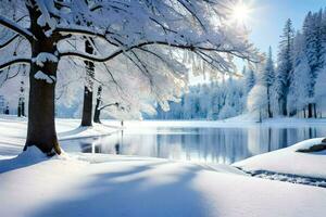 vinter- landskap med träd och vatten. ai-genererad foto