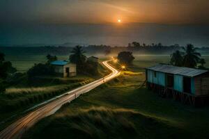 en lång exponering fotografera av en väg och hus i de landsbygden. ai-genererad foto