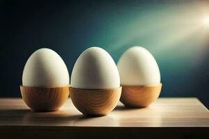 tre ägg i trä- ägg koppar på en tabell. ai-genererad foto