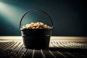 en hink fylld med jordnötter på en tabell. ai-genererad foto