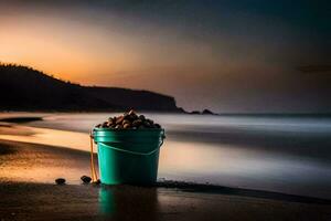 en hink av ostron på de strand på solnedgång. ai-genererad foto