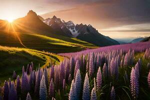 de Sol stiger över de bergen och de lupin blommor. ai-genererad foto