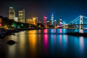 de stad horisont på natt med färgrik lampor. ai-genererad foto