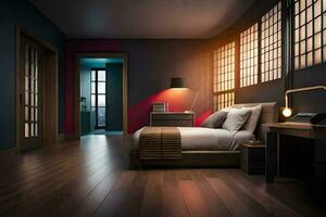 en sovrum med mörk trä golv och en säng. ai-genererad foto