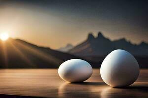 två ägg på en tabell med bergen i de bakgrund. ai-genererad foto