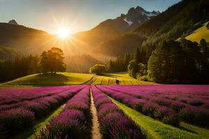 lavendel- fält på solnedgång med bergen i de bakgrund. ai-genererad foto