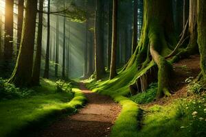 en väg genom en skog med träd och gräs. ai-genererad foto