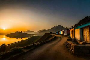 en väg ledande till en små by på solnedgång. ai-genererad foto