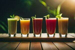 fem annorlunda juicer i glasögon på en trä- tabell. ai-genererad foto