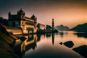 de solnedgång över de sjö i udaipur, Indien. ai-genererad foto