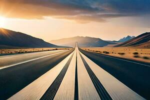 en lång motorväg med de Sol miljö Bakom Det. ai-genererad foto