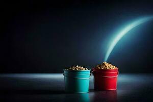 två hinkar av popcorn på en mörk bakgrund. ai-genererad foto