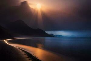 en lång exponering fotografera av de Sol lysande över en strand. ai-genererad foto