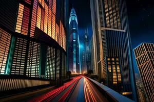 en stad på natt med trafik lampor och byggnader. ai-genererad foto