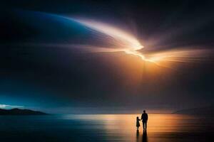 en man och hans son stå på de Strand av en sjö på natt. ai-genererad foto