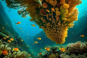en korall rev med många fisk simning runt om Det. ai-genererad foto