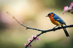 en blå och orange fågel sitter på en gren. ai-genererad foto