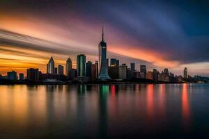 de stad horisont på solnedgång i shanghai. ai-genererad foto