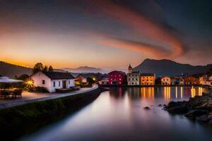 Foto tapet de himmel, vatten, berg, hus, de himmel, de vatten, de berg. ai-genererad