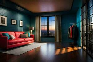 en röd soffa i en rum med blå väggar. ai-genererad foto