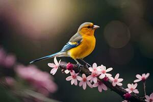 en små fågel är uppflugen på en gren med rosa blommor. ai-genererad foto