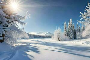 snö täckt träd och de Sol lysande över en snöig landskap. ai-genererad foto
