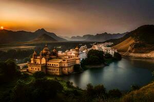 de Sol uppsättningar över en sjö och en palats i Indien. ai-genererad foto