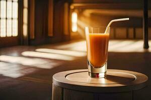 en glas av orange juice Sammanträde på topp av en trä- tabell. ai-genererad foto
