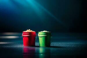 två hinkar av popcorn på en mörk yta. ai-genererad foto