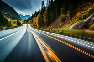 en lång exponering fotografera av en motorväg med en berg i de bakgrund. ai-genererad foto