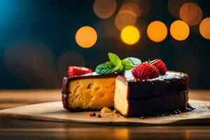 en bit av cheesecake med jordgubbar på en trä- styrelse. ai-genererad foto
